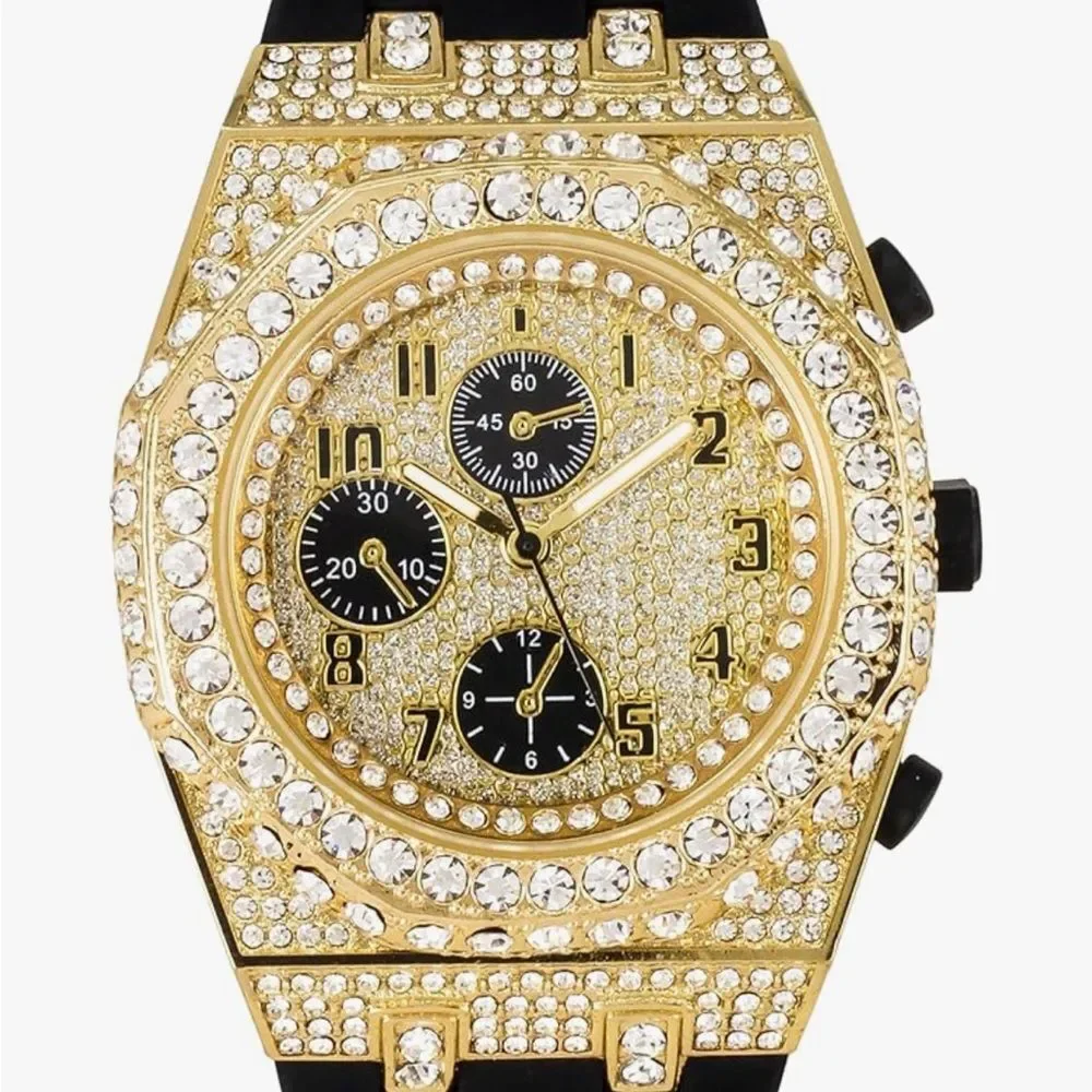 Gold Bust Down Iced Out Hip Hop Watch Black Silicone Strap VVS Diamond Bling